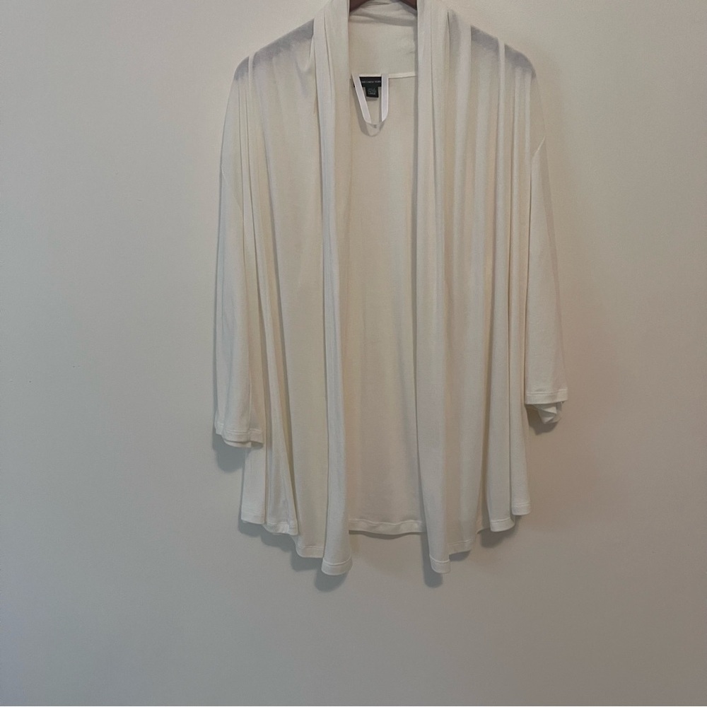 Jones New York Womens Cardigan White 3/4 Sleeve Jersey Open Front Waterfall Sz L